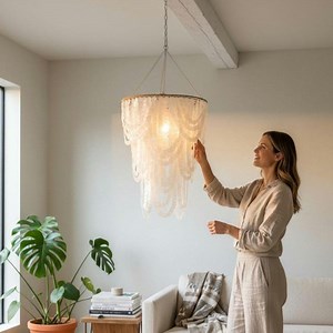 White Capiz Shell Chandelier, Handmade Boho Hanging Light, Coastal Shell Chandelier, Natural Shell Lighting Decor