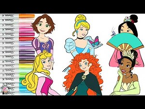Disney Princess Coloring Book Compilation Merida Rapunzel Mulan Cinderella Aurora and Tiana