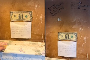 Moment couple find note and money hidden in bathroom wall: “New victim”