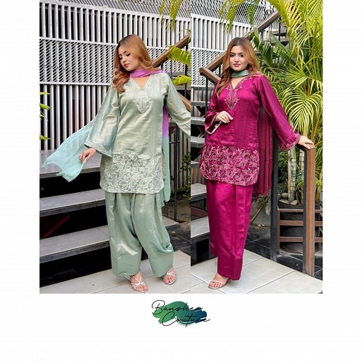 523 reactions · 15 shares | Shop now & embrace the season in style ✨ Burgundy & mint color Soft silk farshi-suit adorned with zari embroidery, paired with shaded chiffon dupatta to add a dramatic vibe . #designer_outfit #party_wear #farshi_suit #silk_dress #ElegantLook #bd_brand #MadeInBangladesh ( Designer outfit, farshi suit, style & trend, silk dress, colorfull) | Banshee couture | Facebook
