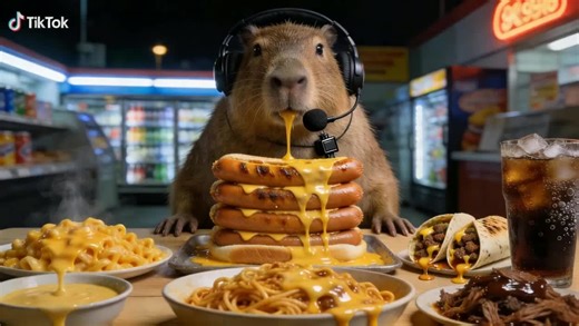 🐾 Capybara is ready for a feast! Cheesy hotdogs, big bites, ASMR eating sounds 🍔🧀 Listen… isn’t it so satisfying? Want more capybara mukbang? 🥤👇#fyp #asmr #mukbang #eatingsounds #food