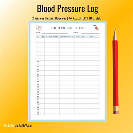 Blood Pressure Log Printable A4, A5, Letter, Half Letter; BP Tracker PDF, Blood Pressure Chart, Hypertension Log - Etsy
