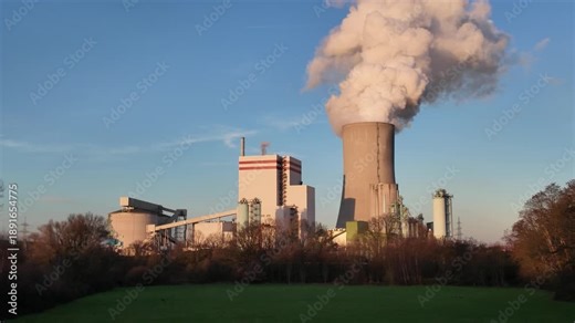 Power plant cooling tower emitting smoke and steam