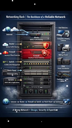 NETWORK RACK – SIMPLE EXPLANATION Networks Baseline ❤️❤️ This image shows how data and power flow inside a real network rack. 🔹 Router – connects your network to the Internet 🔹 Firewall – protects against threats 🔹 Network Switch – connects all internal devices 🔹 Patch Panel – organizes network cabling 🔹 Servers – provide applications & services 🔹 UPS – backup power during outages 🔹 PDU – distributes power safely 🔹 Cooling & cable management – keeps everything stable 📶 Data Flow: Intern