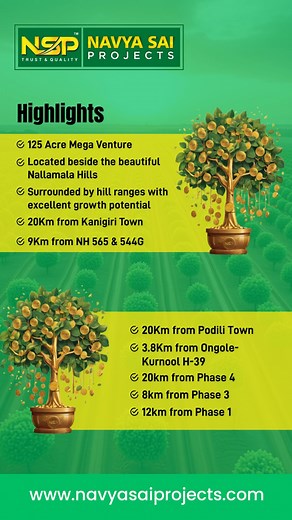 🎉 Navya Sai Projects – Red Sandalwood Farmlands 🌳❤️ Celebrating 7 Glorious Years! 🎊✨ 📅 Phase 20 Launching on 23rd November 🌲 NSP – NAVYA SAI PROJECTS 🌲 🏡 PHASE 20 – OPENING SOON! 💫 Investing in Red Sandalwood Farmlands means securing stable, future-proof wealth. It’s not just money — it’s a living asset! 💰🌿 ✨ Project Highlights: 📍 125 Acre Mega Venture 🏞️ Beside the scenic Nallamala Hills 🌄 Surrounded by hill ranges with excellent growth potential 🚗 20 km from Kanigiri Town 🛣️ 9 k