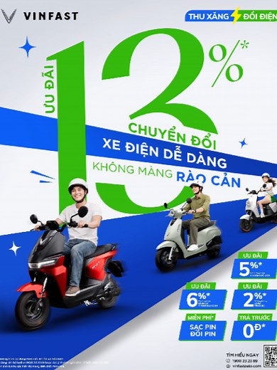 CHUYỂN ĐỔI XE ĐIỆN DỄ DÀNG KHÔNG MÀNG RÀO CẢN VinFast mang đến chương trình Thu Xăng - Đổi Điện, giúp việc chuyển đổi xe điện trở nên dễ dàng hơn, xóa bỏ rào cản đắn đo về chi phí, sạc pin cho đến chính sách hậu mãi – giúp bạn an tâm lựa chọn xe điện di chuyển tiết kiệm và bền vững hơn. Chuyển đổi ngay với ưu đãi lên đến 13%(*): 🌟Hỗ trợ trả trước 0 đồng (*) không cần bỏ vốn lớn 🌟Ưu đãi 5% (*) giá trị xe từ chương trình Thu xăng - Đổi điện 🌟Ưu đãi giá 6% (*) giá trị xe với chương trình