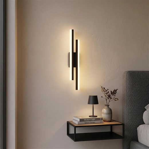 Modern Vertical LED Wall Sconce | Minimalist Gold Black Lamp, Bedroom Accent Light