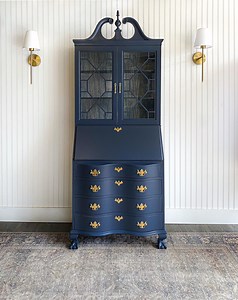 SOLD! Antique Secretary Desk Secretary Hutch Grandmillenial Hutch Solid Mahogany Desk With Drawers Grasscloth Furniture Refinished Blue - Etsy