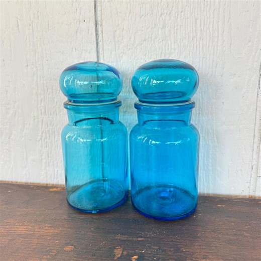 Vintage Blue Glass Apothecary Jars, Mid-century Modern Belgian Set With Bubble Lids - Etsy