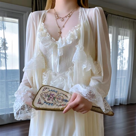French Vintage Lace Bridal Sleepwear Set ,2-piece Chiffon Nightgown & Satin Robe, Victorian Babydoll Lingerie for Bride, Wedding , Honeymoon - Etsy Australia