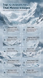 Top 10 Avalanches That Moved Villages When mountains shift, the impact can be instant and devastating. Some avalanches have been so massive that they buried entire towns, destroyed infrastructure, and forced survivors to relocate permanently. These disasters were not just walls of snow. Many involved rock, ice, and mud moving at incredible speeds, triggered by earthquakes, storms, or unstable glaciers. In seconds, landscapes changed and communities were erased. Avalanches remind us that mountain