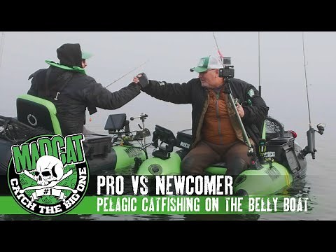 PRO VS NEWCOMER: Pelagic Catfishing on the Belly Boat Pro Motor with the Pelagic Cat Lure I MADCAT
