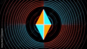 A bright abstraction from the circle.Design. In the center of the circle is a rhombus that rotates clockwise and around it is an outline of blue and orange circles with light .