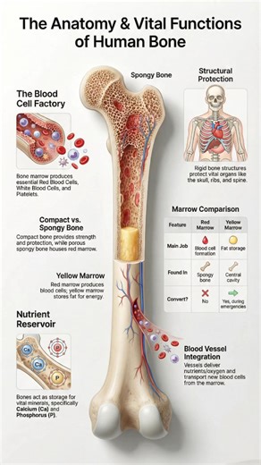 Human bones are dynamic, living structures that provide strength, protection, and metabolic support. The outer compact bone gives rigidity and protection, while the inner spongy bone houses red marrow, where red blood cells, white blood cells, and platelets are produced. Yellow marrow, located in the central cavity, primarily stores fat but can convert to red marrow in emergencies. Beyond structure, bones act as a nutrient reservoir, storing essential minerals like calcium and phosphorus. They a