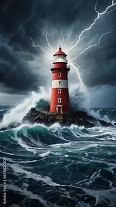 lighthouse in the middle of a terrible storm, heavy rain and violent waves 4k 60 fps video