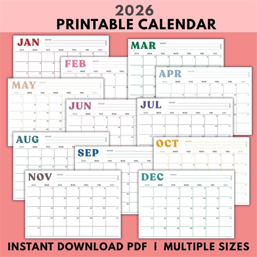 2026 Printable Calendar Editable PDF | Monthly Planner With Notes | Colorful Horizontal | Multiple Sizes | Instant Download - Etsy Canada