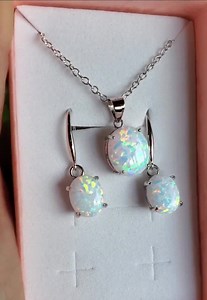 White Fire Opal Set Necklace/earring, See Rainbow Fire on Video! 10x12mm/8x10mm Lab Created Opals, 925 Sterling Pendant W/18" Chain,ear Wire - Etsy