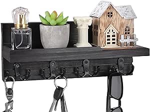 Decorative Key Hanging Rack with 4 Double Hooks – Easy Install Natural Wooden Key and Mail Holder for Wall Mount – Entryway Decor Rack with Shelf (Carbon Black)