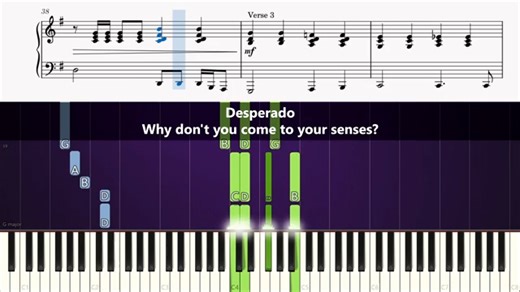 【YouTube转载】Eagles - Desperado -弹唱 滚动钢琴谱与歌词