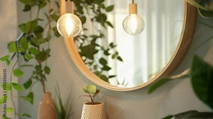 A large circular mirror with a delicate wooden frame reflects the soft lighting and adds a touch of visual interest to the space. .