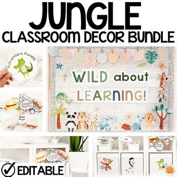 Jungle Safari Classroom Decor Bundle, Editable Bulletin Board, Calm Pastel