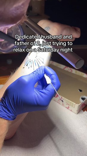 He started his stick and poke journey one month into the initial Covid lock down — and he’s gotten so good! This is the coolest hobby someone in their 30s/40s can take up imho #stickandpoke #marriedlife #marriedcouple #parentsoftiktok #parenthumor