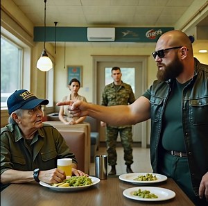 A biker slapped an 81-year-old veteran in a diner — no one could have imagined what would happen in the minutes that followed... 😲😲😲 The atmosphere in the diner was thick with the smell of greasy fries and over-brewed coffee. The customers were scattered: a truck driver slowly sipped his coffee, a family enjoyed their burgers. In a corner, an old man sat, his fragile figure, a worn-out jacket — a Vietnam War veteran. He was drinking his black coffee, hands firmly placed on the table. The door