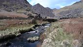 Llyn Cwmorthin tributary at the abandoned Cwmorthin Slate Quarry at...
