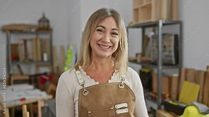 Hilarious middle age blonde woman in carpentry studio, standing in apron, inflating cheeks with air, puffing mouth, making funny face