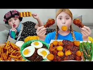 MUKBANG! FRIED CHICKEN AND BLACK BEAN NOODLES EATING by HIU 하이유