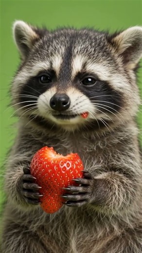 Cute Baby Raccoon Eating a Giant Strawberry 🍓🦝 | So Adorable!