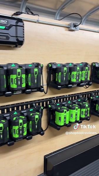 This new @EGO Commercial PGX charging system will charge up to 70 56V batteries in a single night, with just one 120V outlet. Each triple-battery port can be daisy-chained to the next. Available now for $399 for the charger and $199 for each triple-port bank. #shoplife #egopowerplus #equipexpo