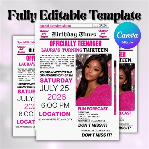 13th Birthday Invitation Newspaper Template, Official Teenager Newspaper Invite, Editable Pink Girls Birthday Flyer, Digital Invitation - Etsy