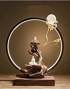 Ceramic Lotus Incense Burner Waterfall Chinese Backflow Incense Sticks Burner Holder with LED Light Incense Cones for Home Office Decor (Buddha)