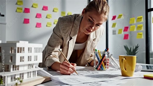 Female architect reviewing building blueprints next to a physical model of a modern apartment complex