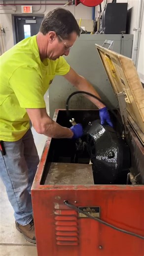 Our mechanics use a solvent parts washer to degrease dirt and grime that collects on the grossest parts. Agitation in the washer helps loosen dirt, while the hose allows direct application of cleaning fluid. After parts washing, the fluid is filtered and reused. #dirtyjobs #wastewater #maintenance #mechanic #dirtyjob | Madison Metropolitan Sewerage District
