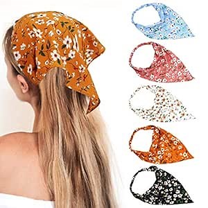 Floral Hair Scarf - Head Kerchief 5PCS Elastic Triangle Soft Chiffon Headband, Boho Hair Bandana Clip for Women Girls