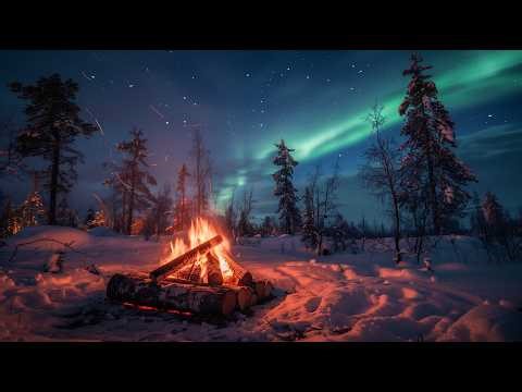 10 Hours 🔥 Northern Lights Campfire ❄️ Cozy Winter Forest Ambience for Sleep & Relaxation