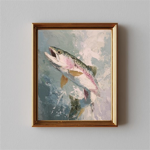 Rustic Leaping Rainbow Trout Painting - Outdoorsy Fishing Art, Moody Nature Decor, Printable Digital Water Art, Vintage Style Design 740 - Etsy