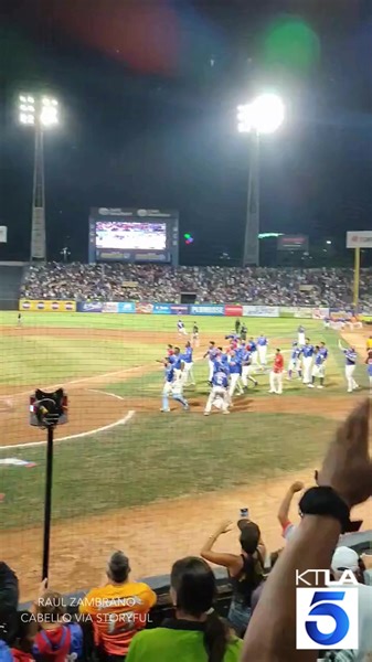 52K views · 364 reactions | The Venezuelan Professional Baseball League’s Grand Final game on Jan.24 between Cardenales de Lara and Tiburones de La Guaira took a chaotic turn when shortstop Maikel Garcia’s home run celebration for La Guaira led to a fiery brawl. (Raul Zambrano Cabello via Storyful) | KTLA 5 News | Facebook