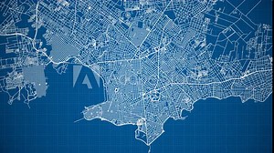 Ink reveal animation of Montevideo city, Uruguay, grid map. Aerial top view. Blueprint style. White lines with blue background. 4K Seamless loop.