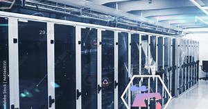 Animation of multiple icons over connected dots on server racks in server room