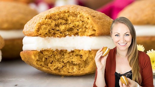 Pumpkin Whoopie Pies are Fall-inspired treats made with cakey, perfectly spiced pumpkin cookies sandwiched around a cream cheese based filling! Easy to make and so tasty! Full Printable Recipes: https://sugarspunrun.com/pumpkin-whoopie-pies/ | Sugar Spun Run