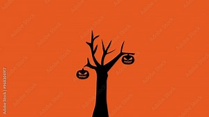 halloween tree animation next to halloween pumpkins while bats fly, halloween background