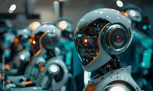 Futuristic robots showcase cutting-edge technology at a bustling tech expo event