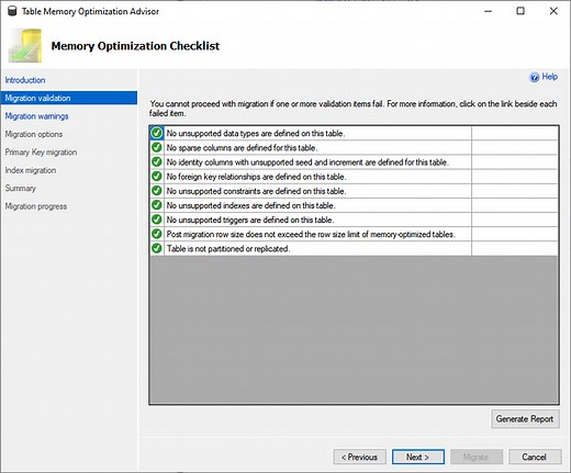 Migrating disk-based tables to memory-optimized tables of a SQL database