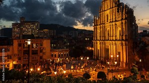 Macau - February 1, 2020 : Time lapse view of people at the historical district Christ church old of Macau, Historic Center of Macao. Awesome view of the Ruins of St. Paul's. Macau, China