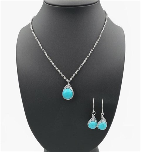 Turquoise Dyed Howlite Jewelry Set | Herringbone Wrapped Pendant, Earrings | Stainless Steel - Etsy