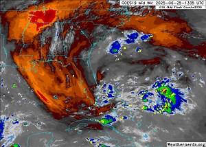 Current Wednesday afternoon Water Vapor map showing that SE Atlantic low pressure area. It will be spinning in some instability this next day or so. Strong storms possible this afternoon/evening as things rotate in, around, and down for some in the SE (NC to FL). www.spaghettimodels.com | Mike's Weather Page