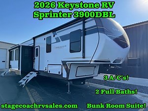 2026 KEYSTONE RV SPRINTER 3900DBL WALKTHROUGH! BUNK ROOM SUITE! 2 FULL BATHS! 3 A/C'S!